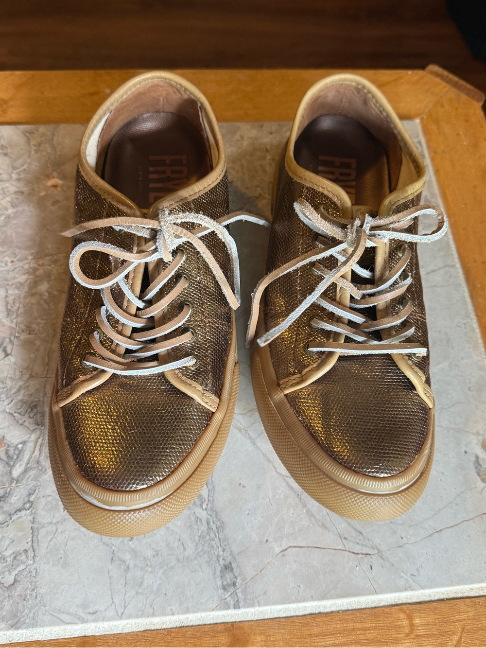 Frye Gia Canvas Leather Low Lace Sneakers - Women's Size 6.5 - Bronze Metallic